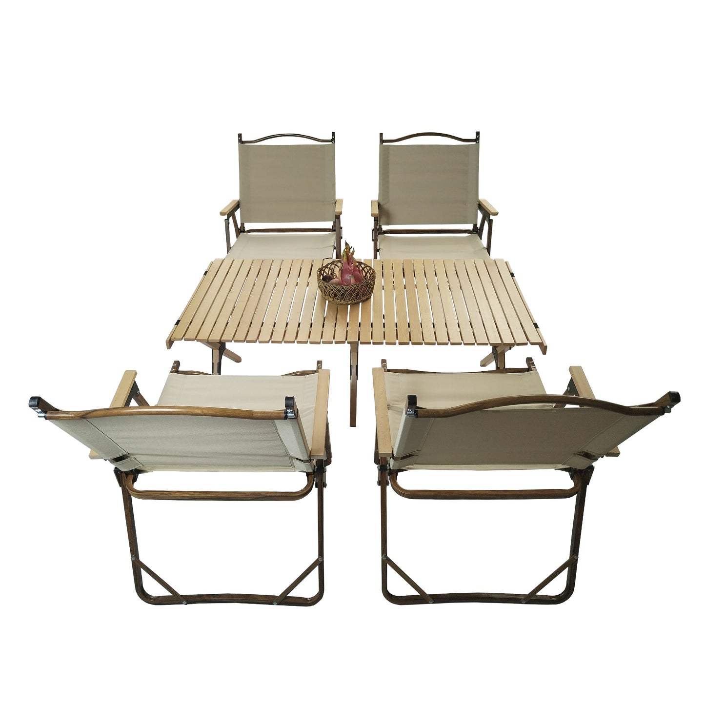 Lightweight folding camping chair and table set with beige canvas and wood accents