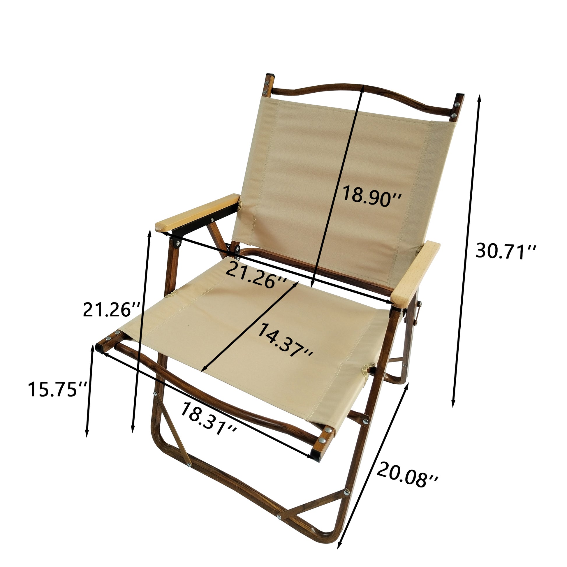 Beige canvas directors chair with wooden arms and frame ideal for camping