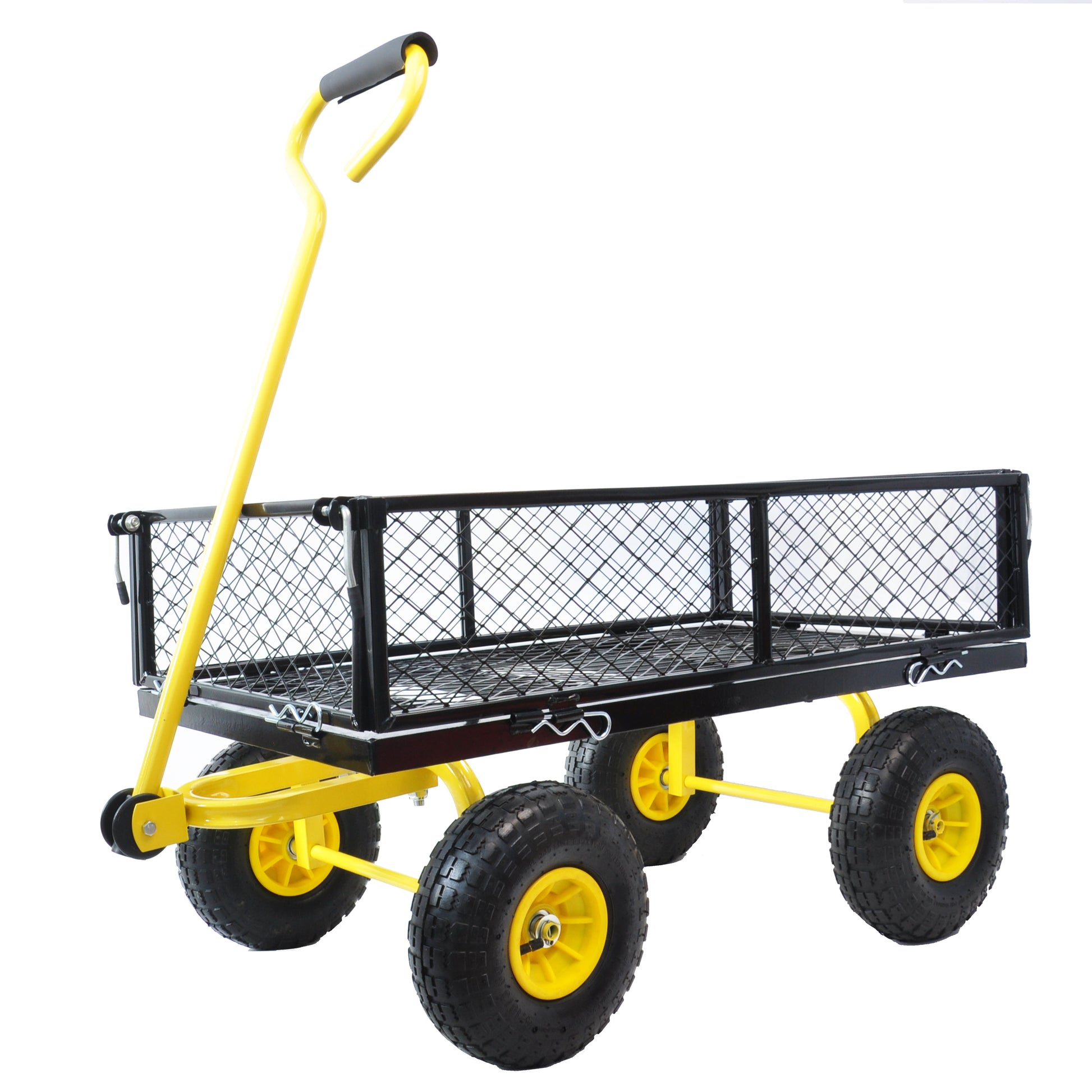 Yellow garden wagon with black mesh bed and large knobby tires for yard work
