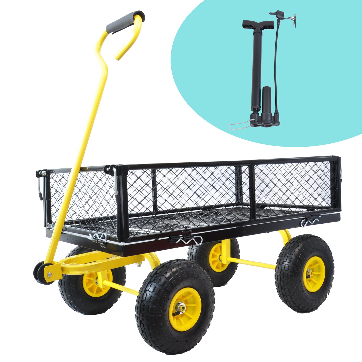 Yellow garden cart with black mesh bed and durable wheels ideal for hauling soil