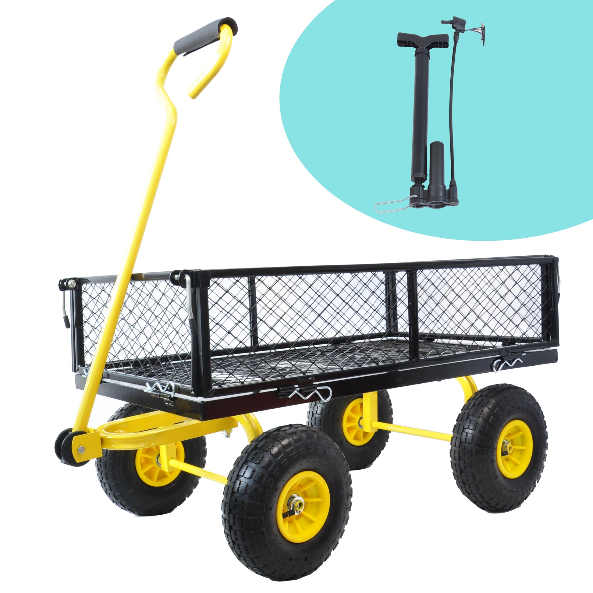Yellow garden cart with black mesh bed and durable wheels ideal for hauling soil