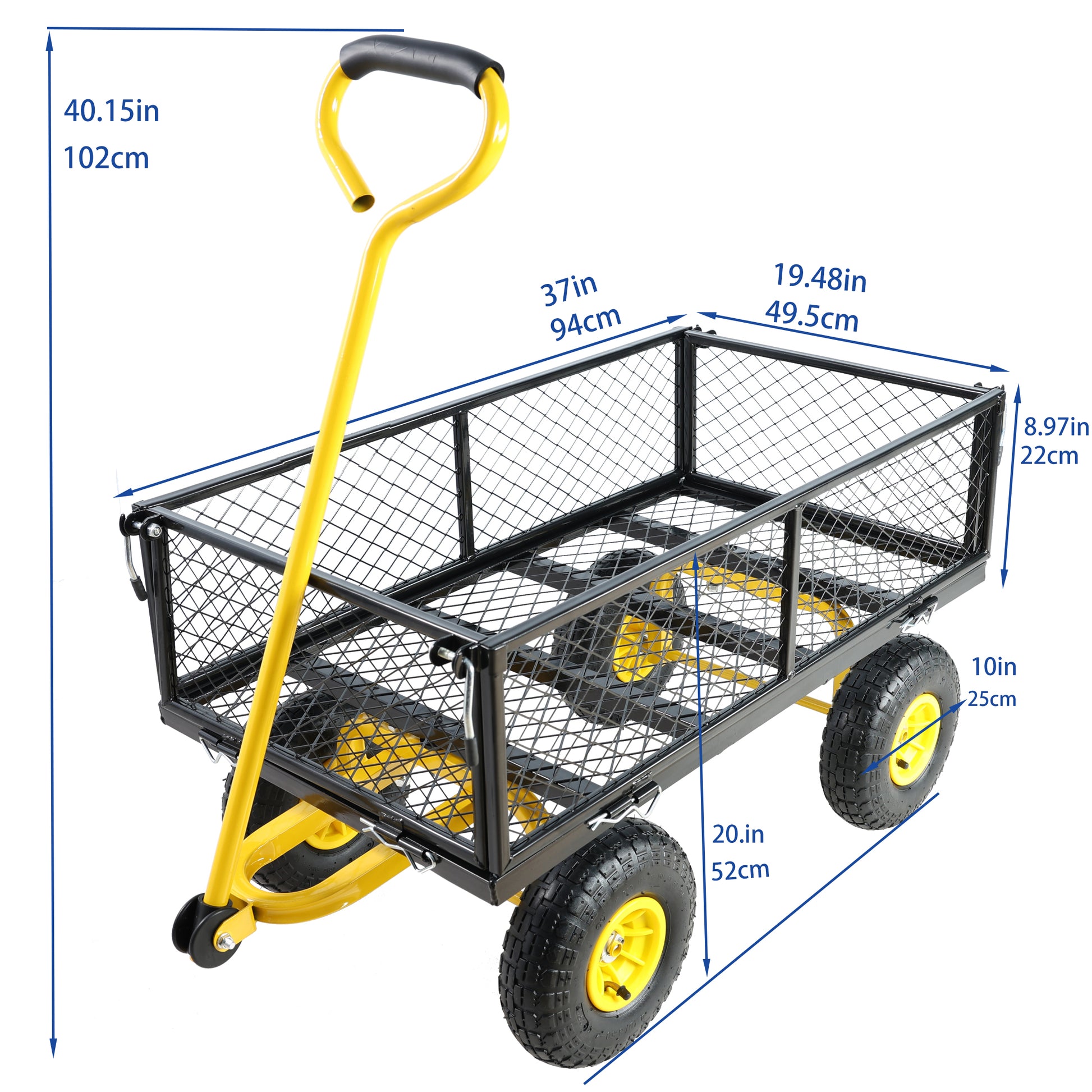 Yellow and black garden wagon with wire mesh sides and large tires