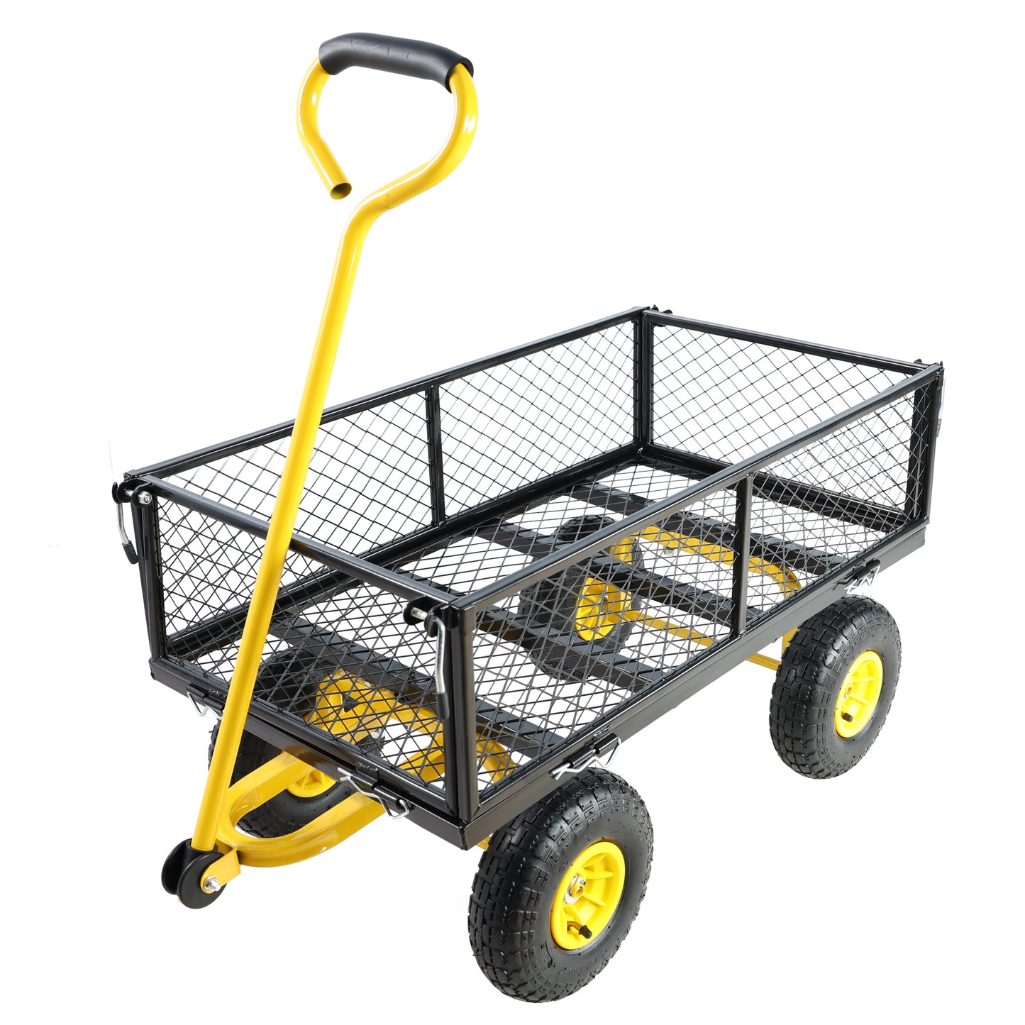 Heavyduty garden wagon with yellow frame black mesh bed and black rubber tires