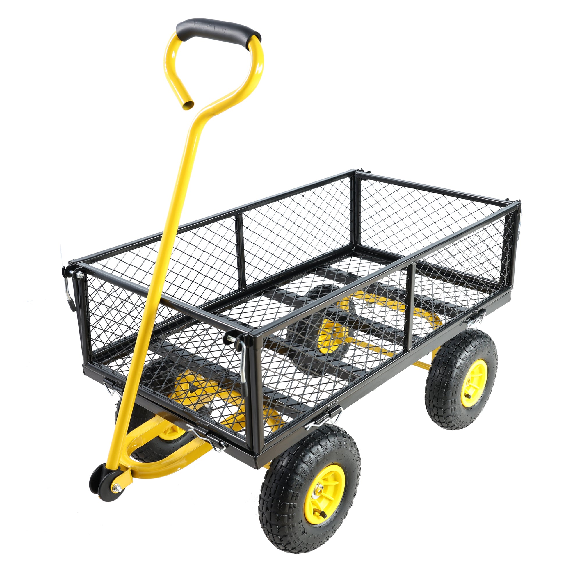 Heavyduty garden wagon with yellow frame black mesh bed and black rubber tires