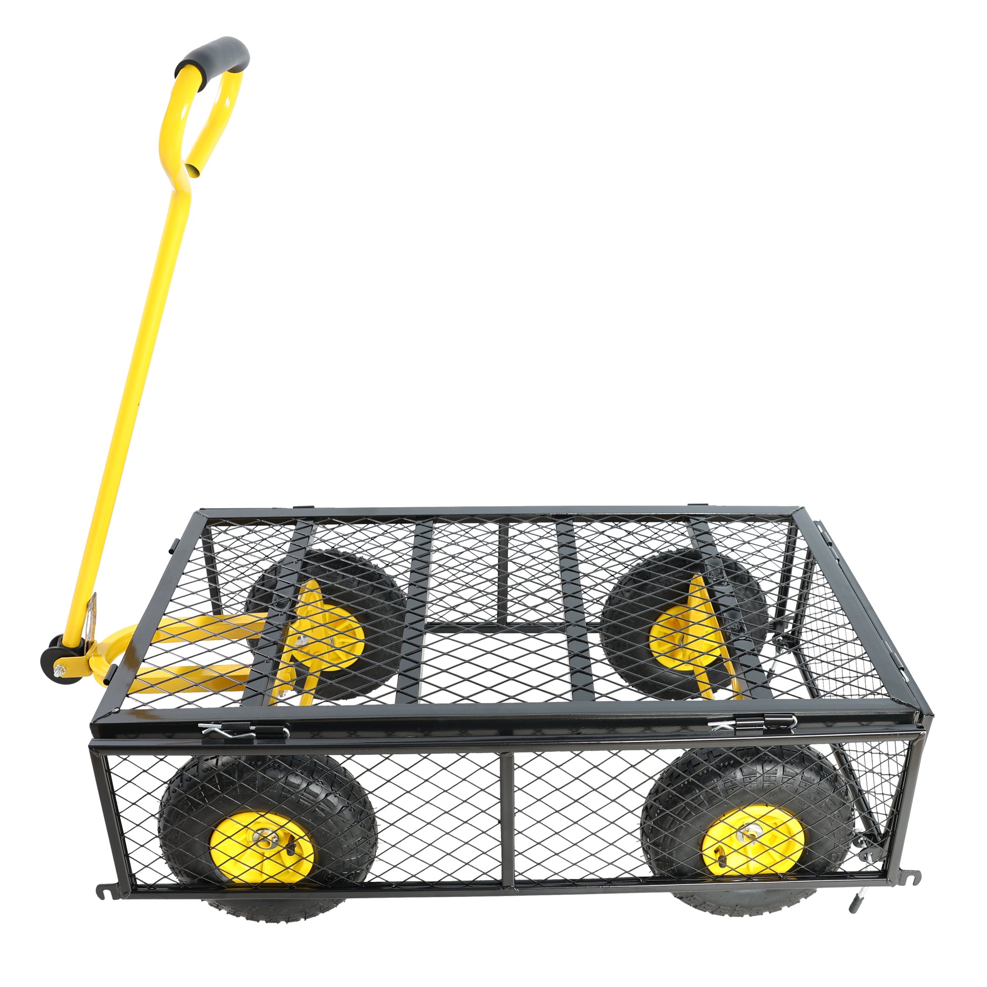 Heavyduty garden wagon with a steel mesh bed and yellow wheels perfect for hauling