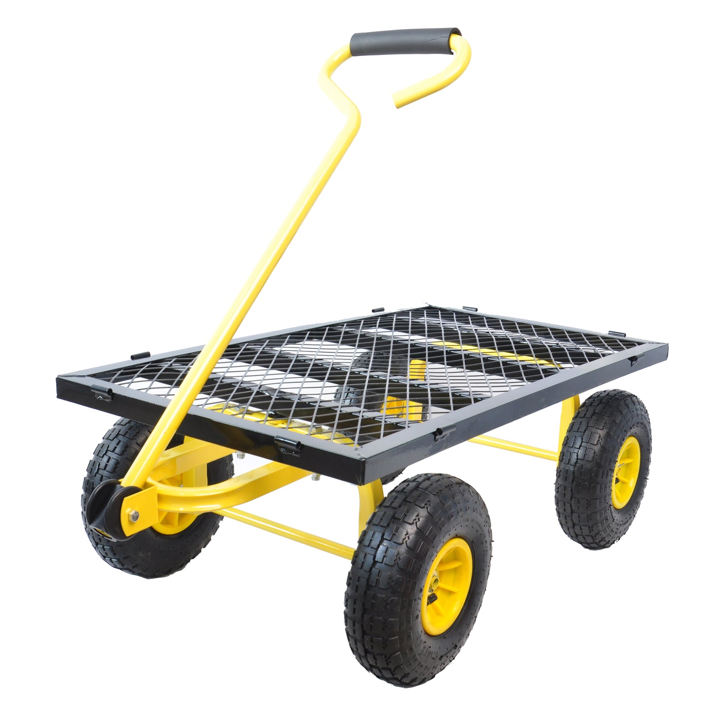 Yellow garden cart with heavyduty mesh bed and pneumatic tires for hauling