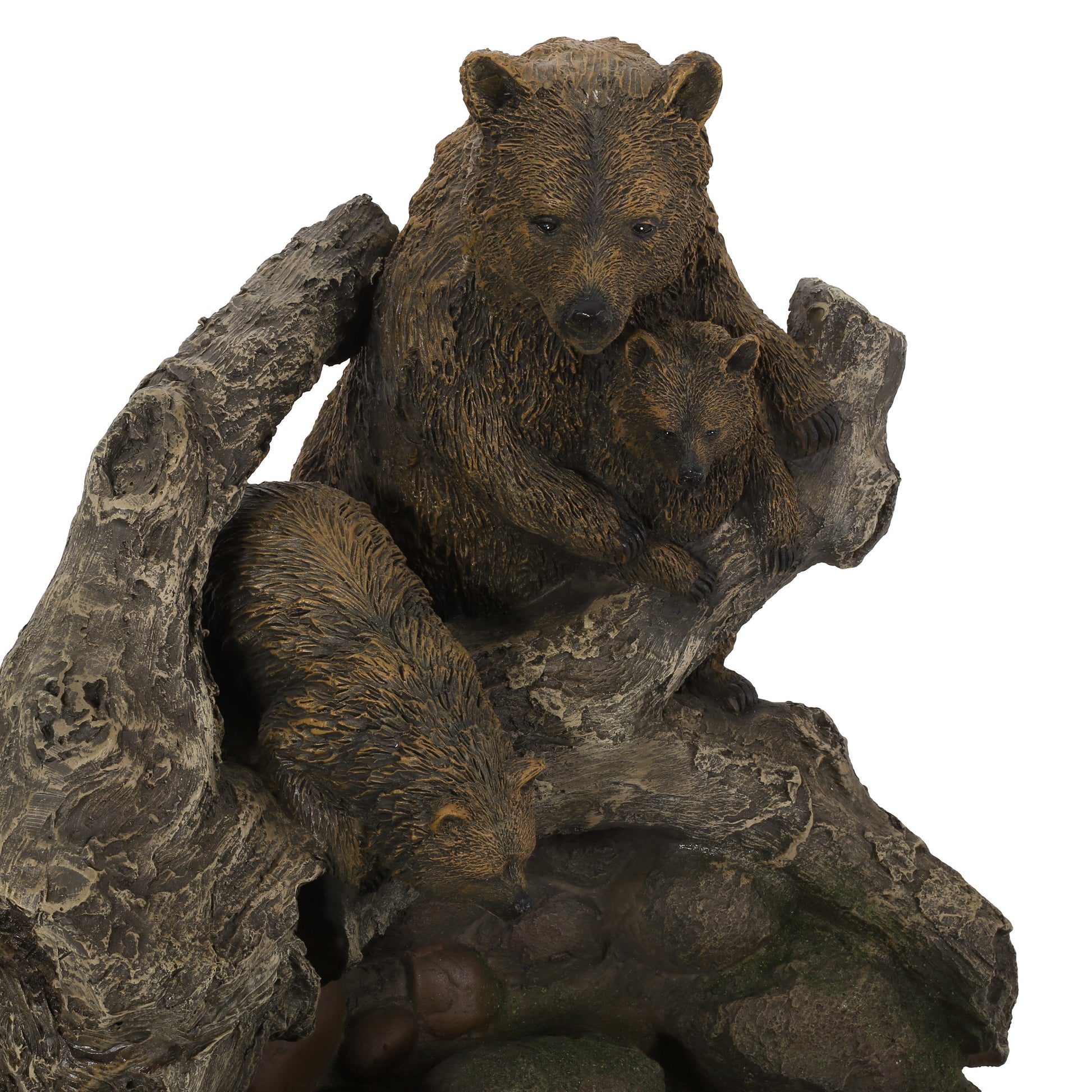 Brown bear family sculpture on rustic log detailed resin animal decor