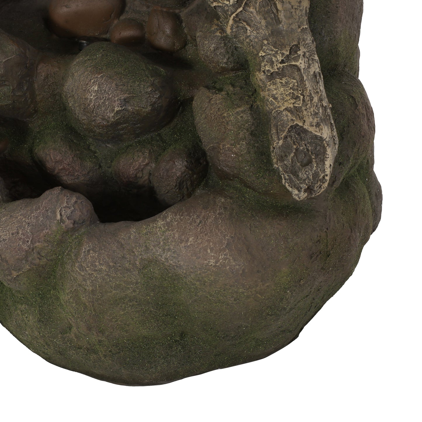 Rustic dark brown and green mossy rock fountain detail
