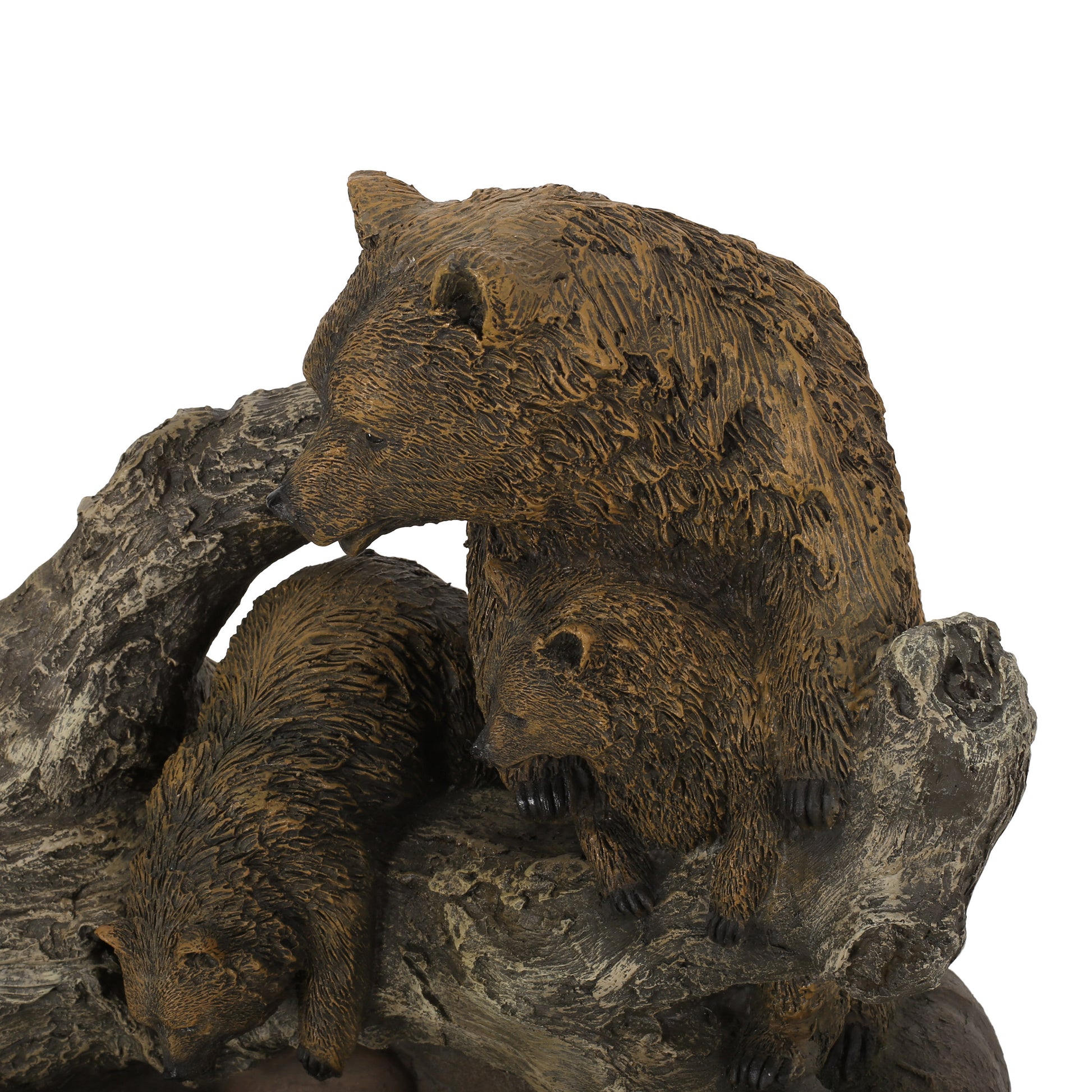 Brown resin sculpture of a bear cub and mother on textured log woodland decor