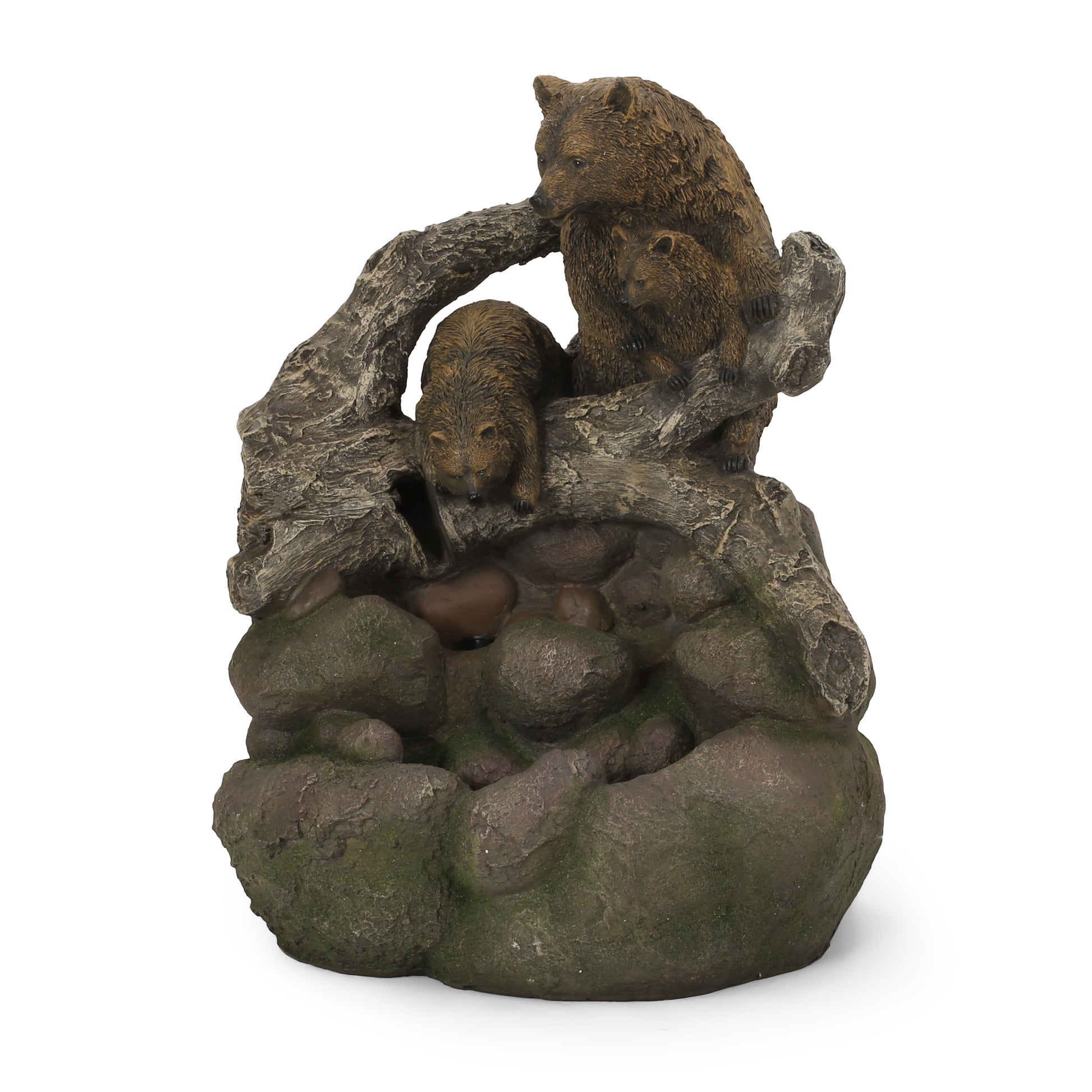 Brown bear family garden statue on a tree branch with rocks
