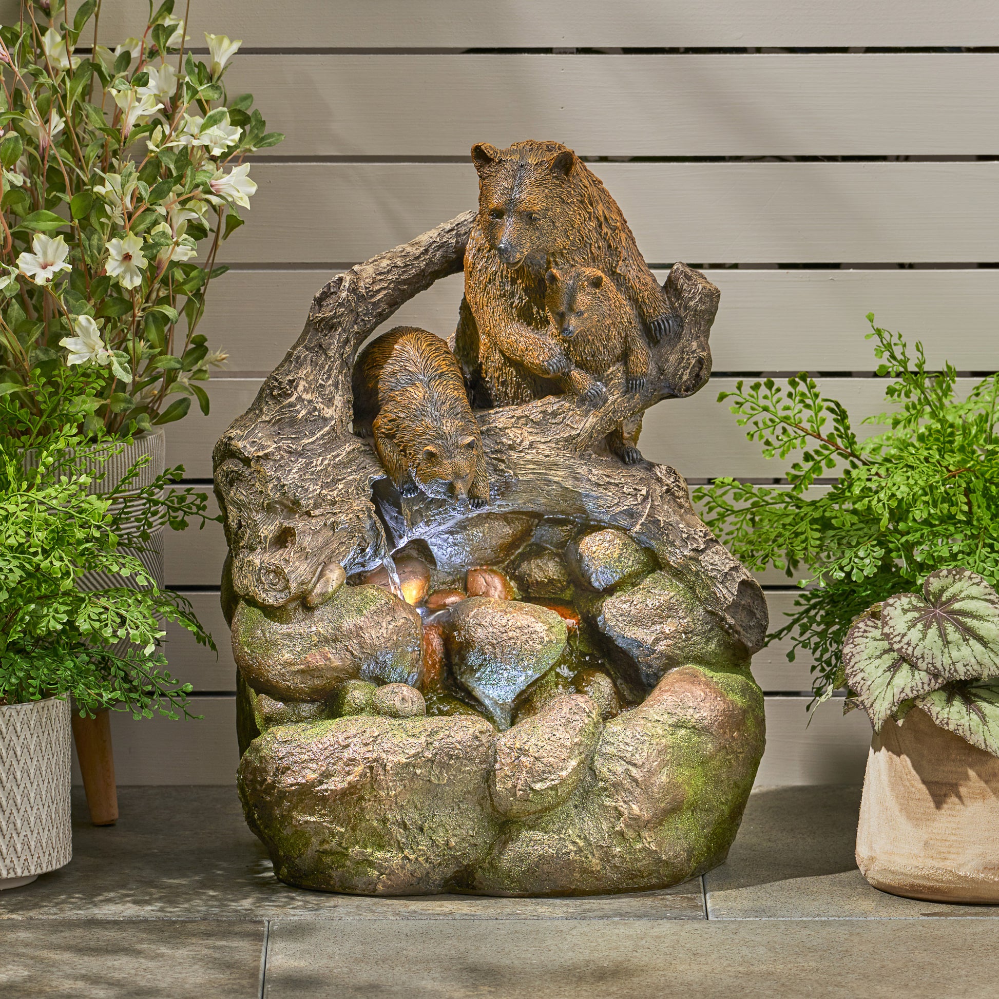 Bear family garden water fountain with textured resin and cascading water