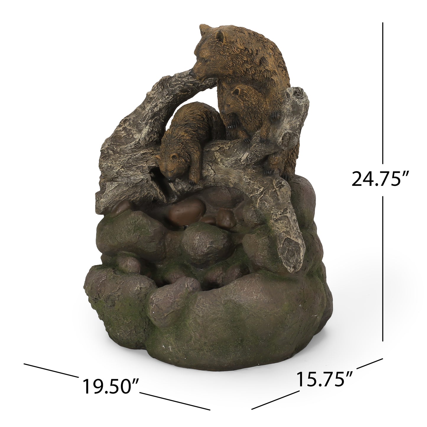 Brown bear family fountain figurine with weathered stone and wood texture