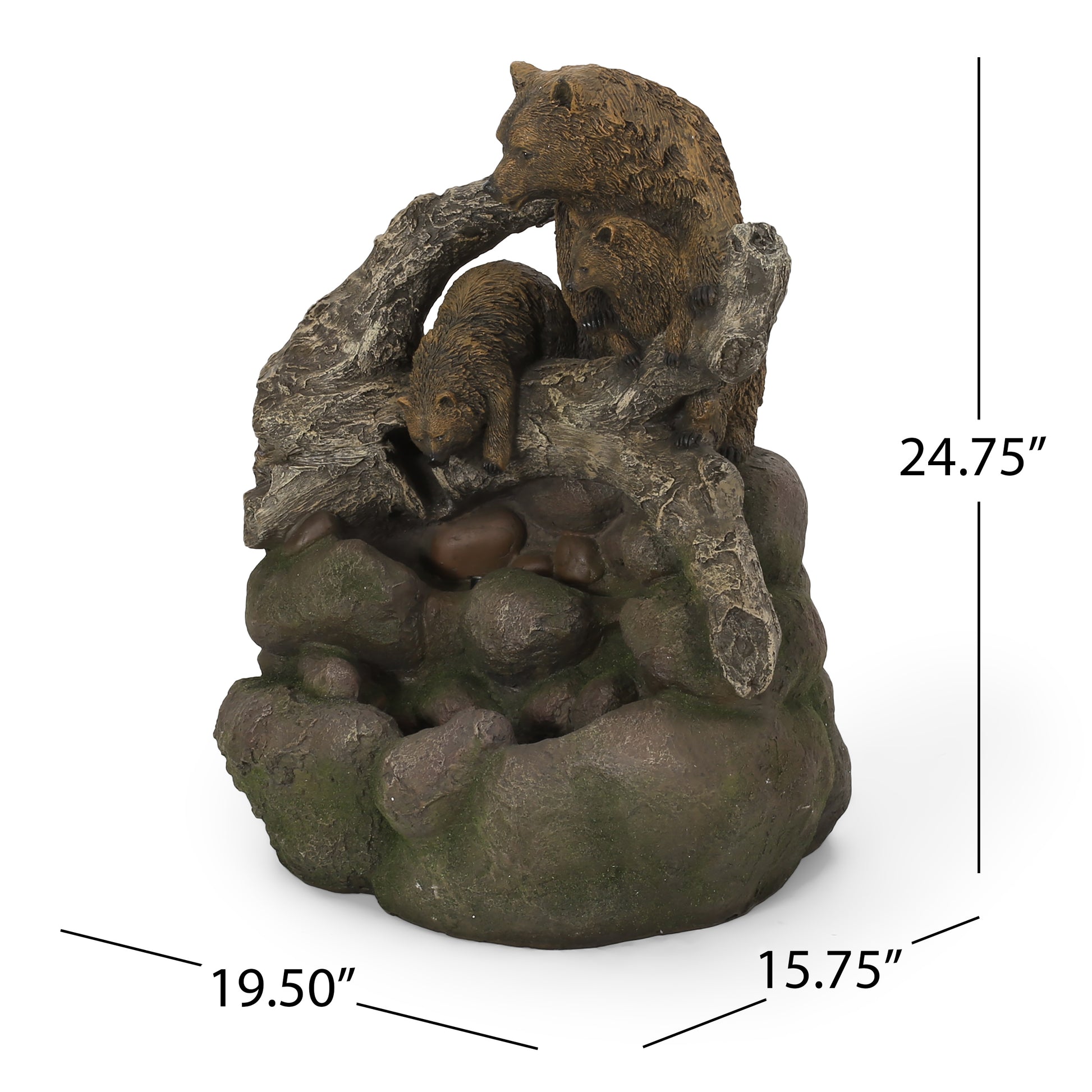 Brown bear family fountain figurine with weathered stone and wood texture