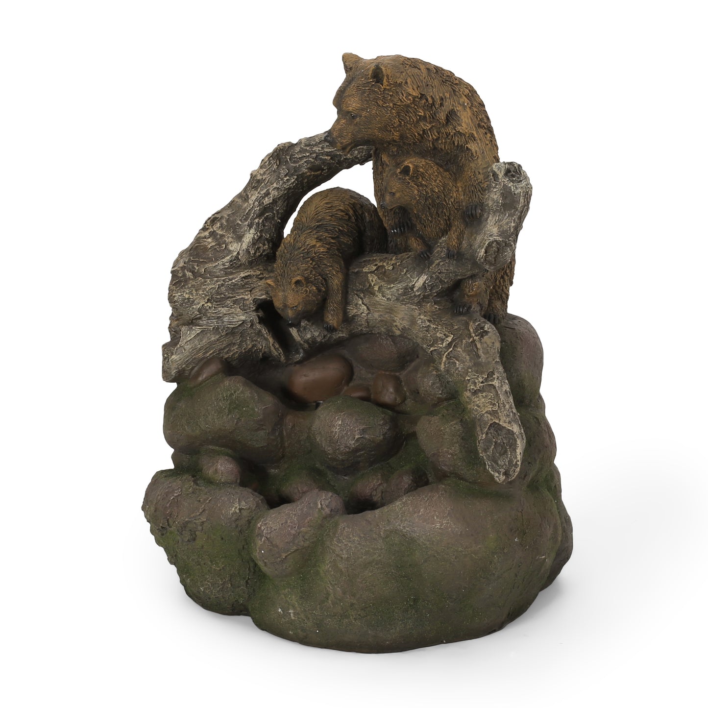 Resin garden statue of a mother bear and cub on mossy rocks and a log