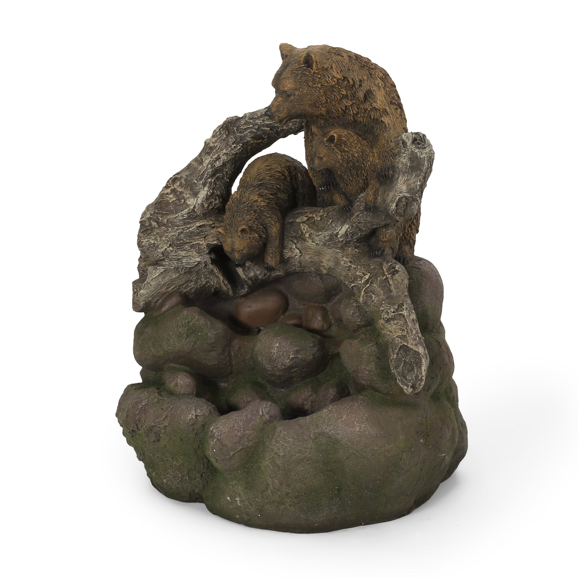 Resin garden statue of a mother bear and cub on mossy rocks and a log