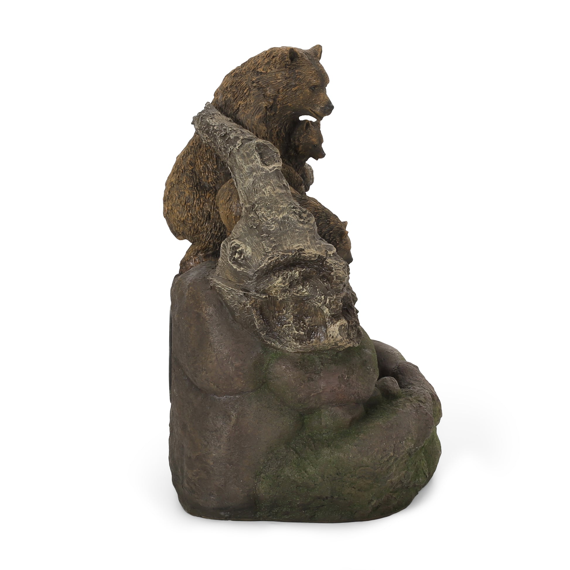 Brown bear cub statue on log with distressed rock base for garden decor