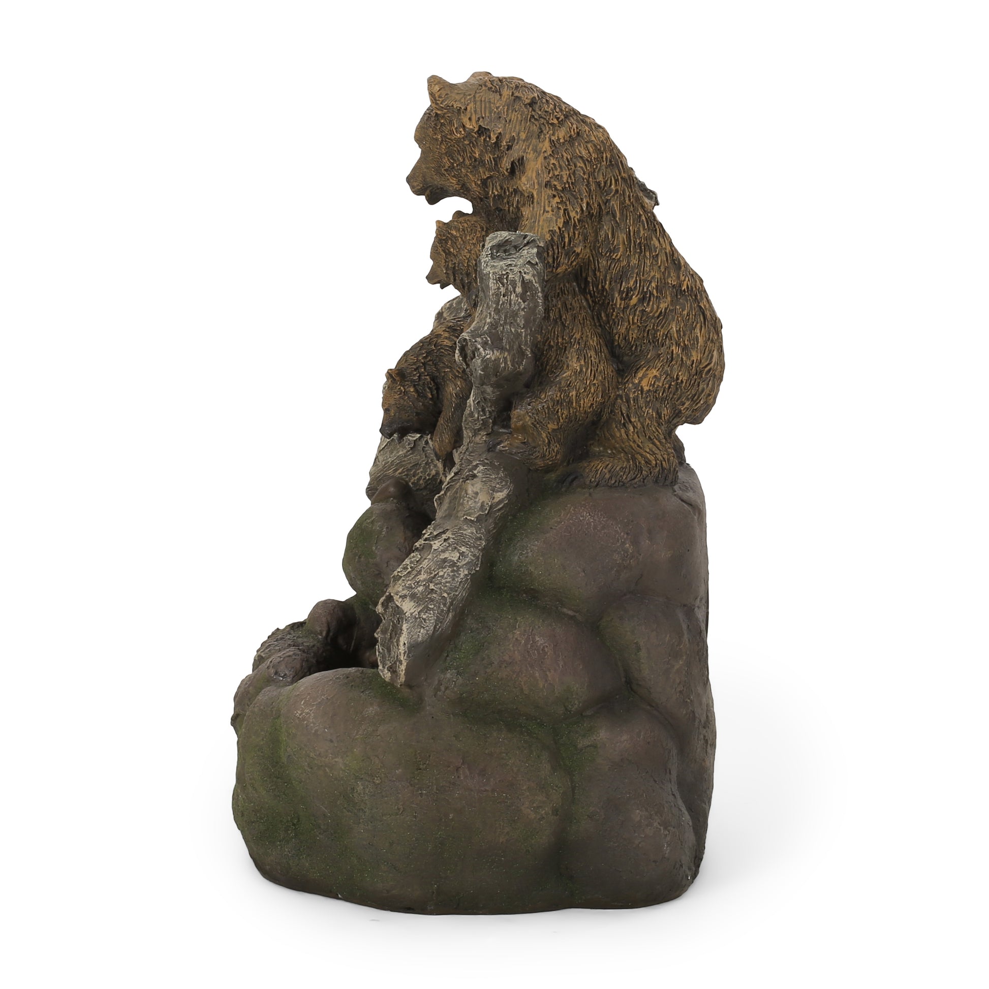 Brown resin bear family statue with cubs on a rock base