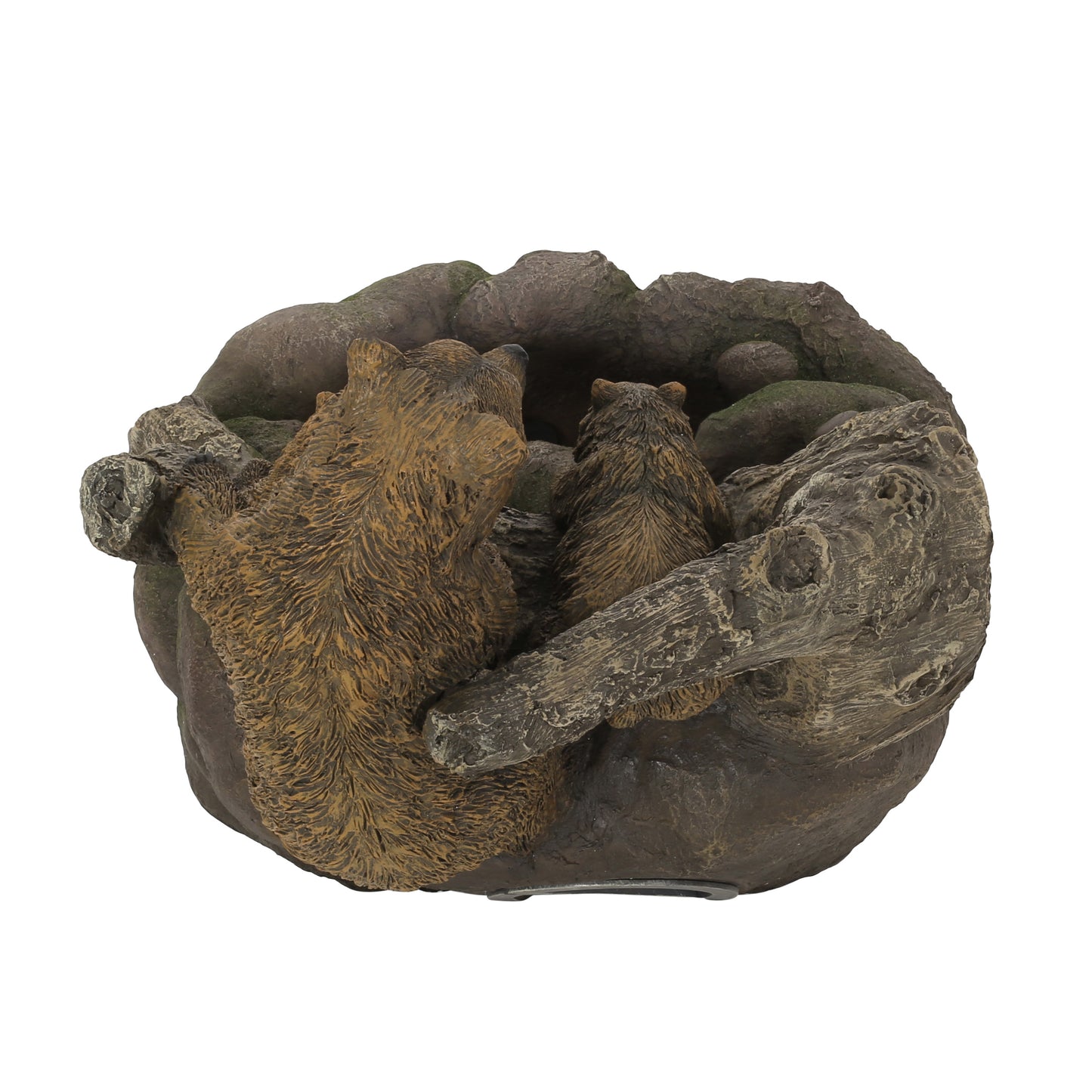 Brown resin bear statue with cub nestled in a rustic log hollow