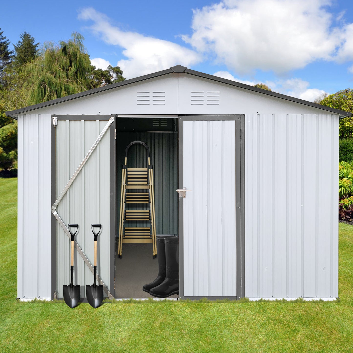 White metal garden shed with open doors showing shovels ladder and boots inside