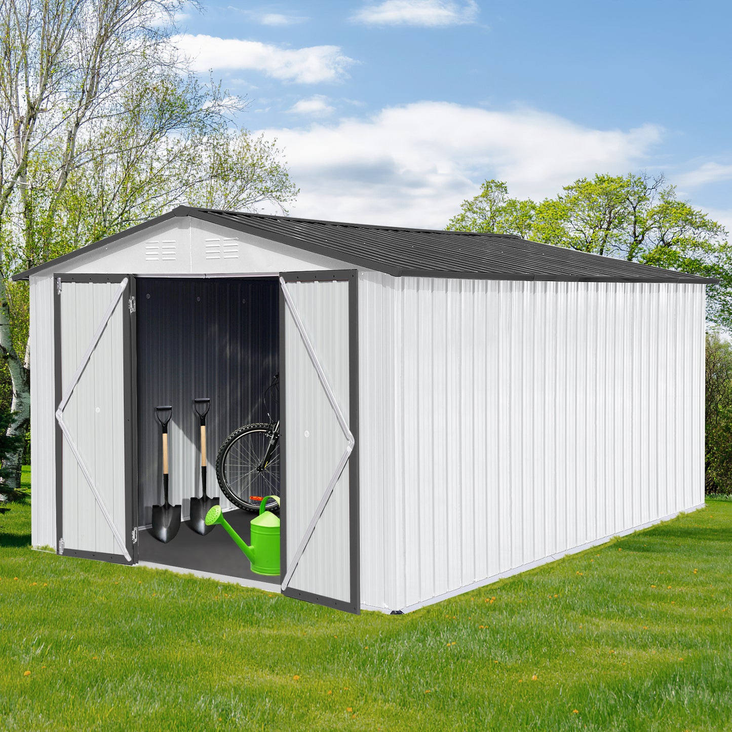 White metal garden shed with double doors open showing tools and bicycle inside