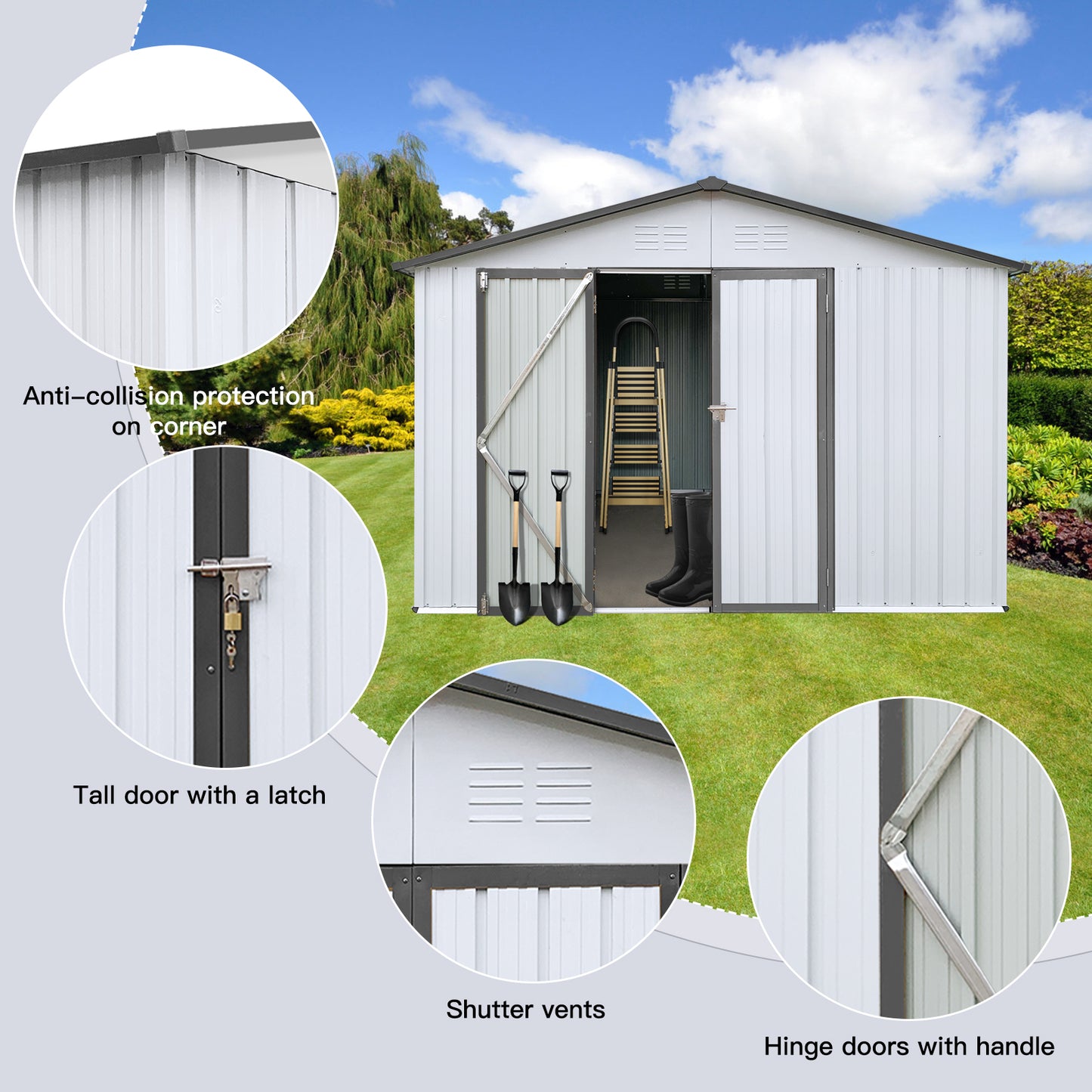 White metal garden shed with dual doors featuring anticollision corner protection