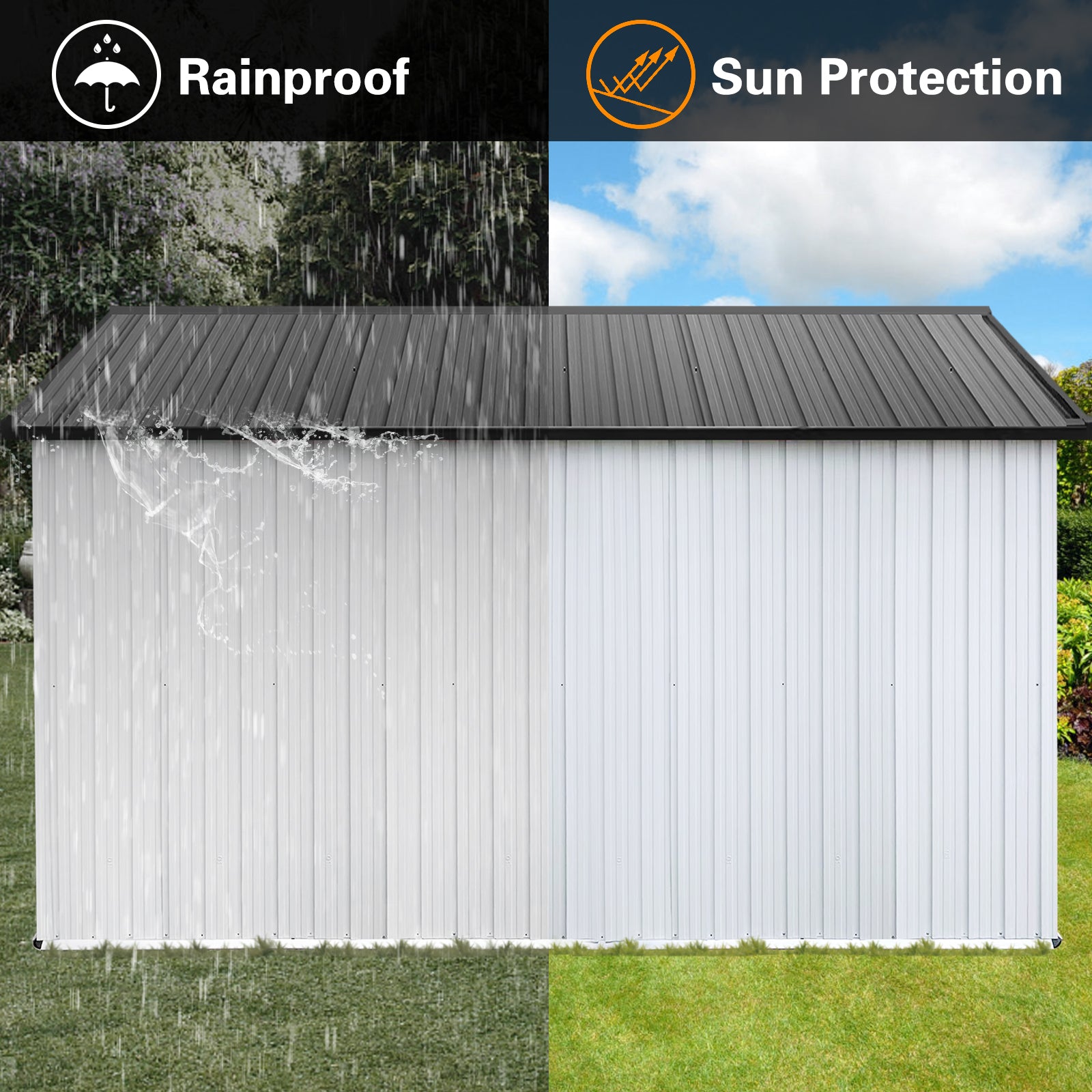 White metal shed with a rainproof roof demonstrating protection from heavy rain