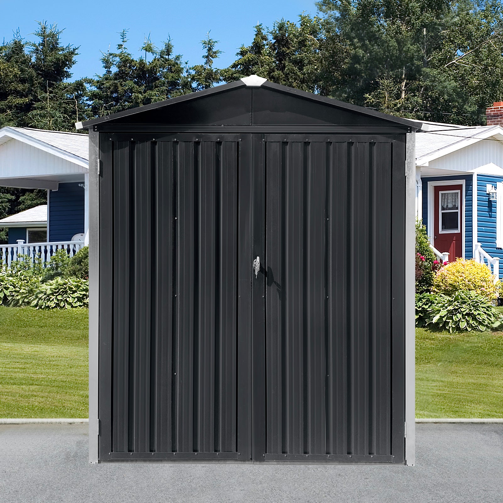 Dark grey metal garden shed with double doors front view