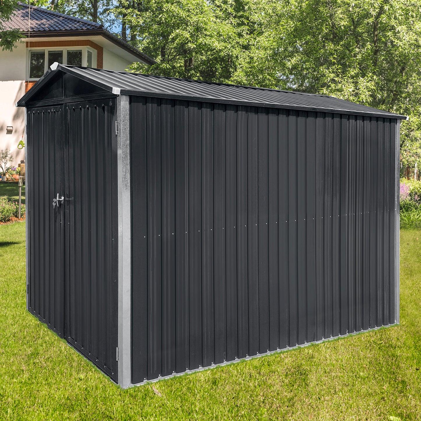 Dark grey corrugated metal garden shed with double doors and pitched roof