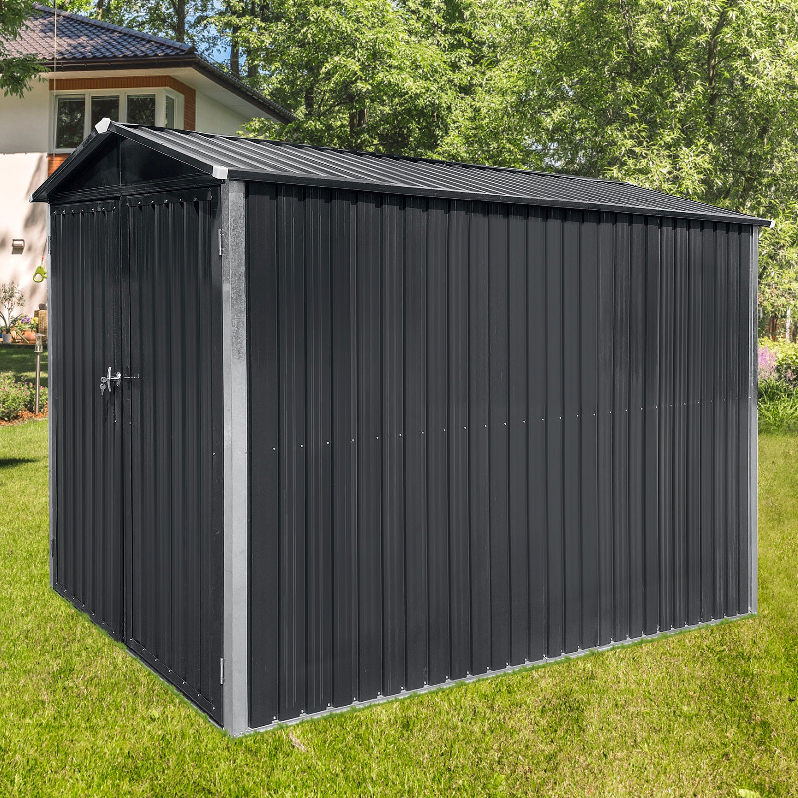 Dark grey corrugated metal garden shed with double doors and pitched roof