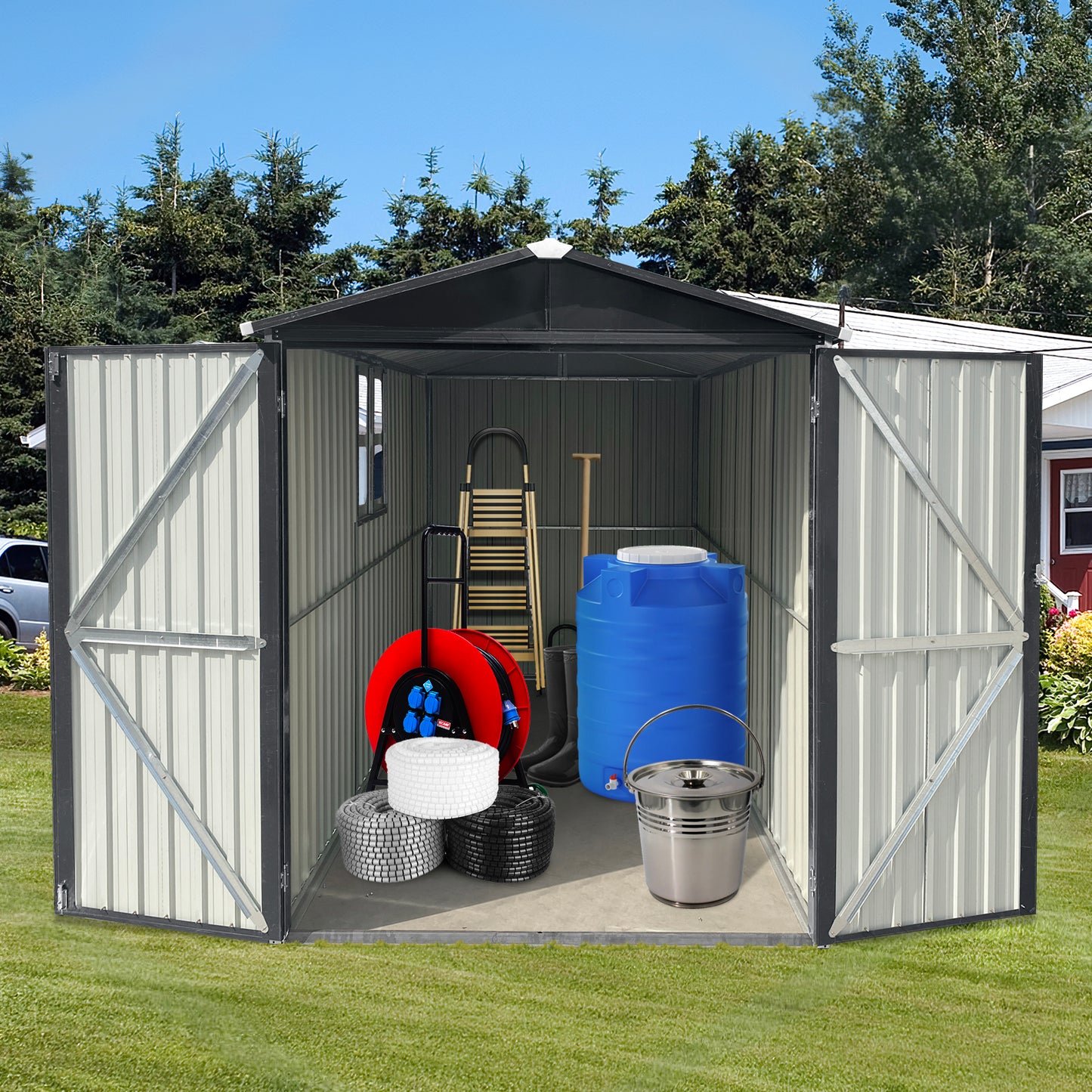 Gray metal garden shed filled with gardening tools ladder shovel hose reel water tank
