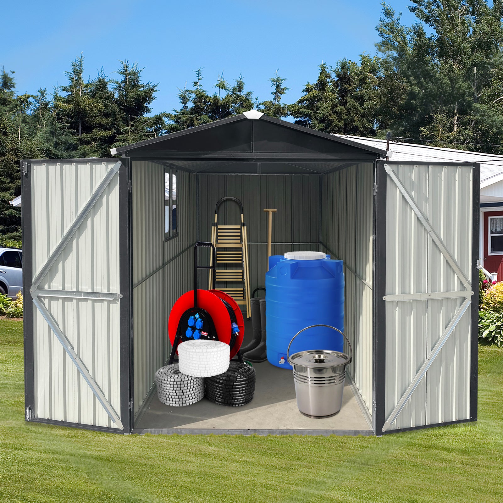 Gray metal garden shed filled with gardening tools ladder shovel hose reel water tank