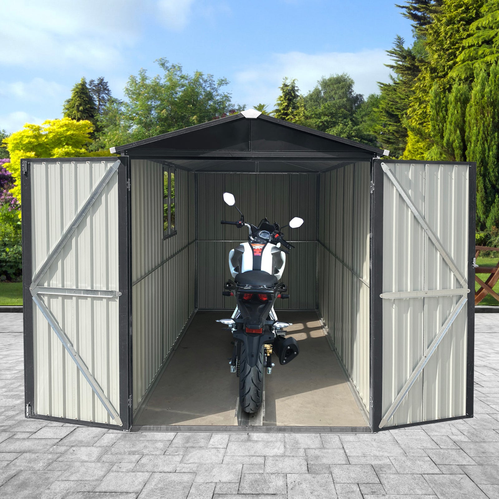 Modern metal shed with wide double doors and a motorcycle inside