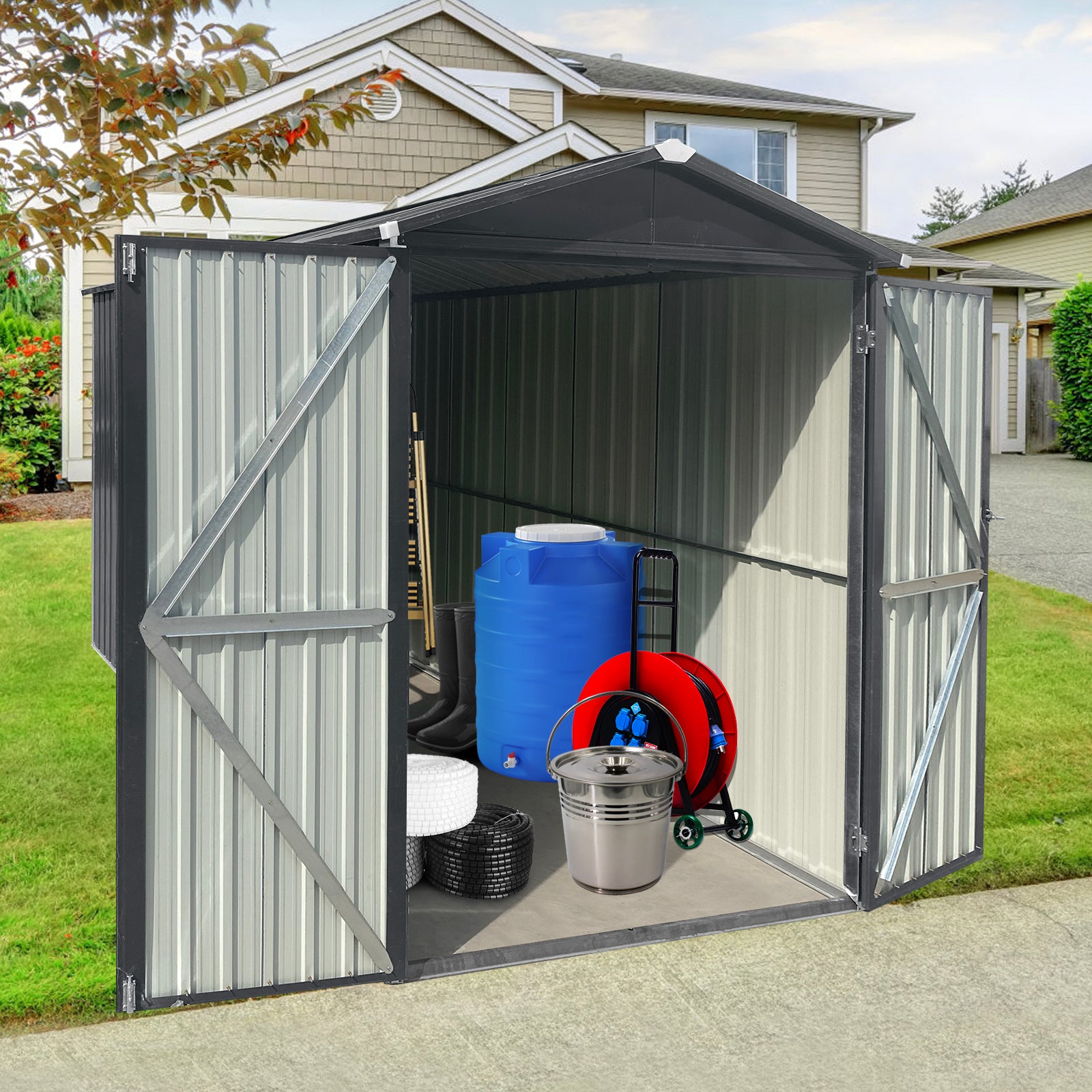 Gray metal storage shed with open doors featuring gardening tools a blue water tank and a hose reel inside