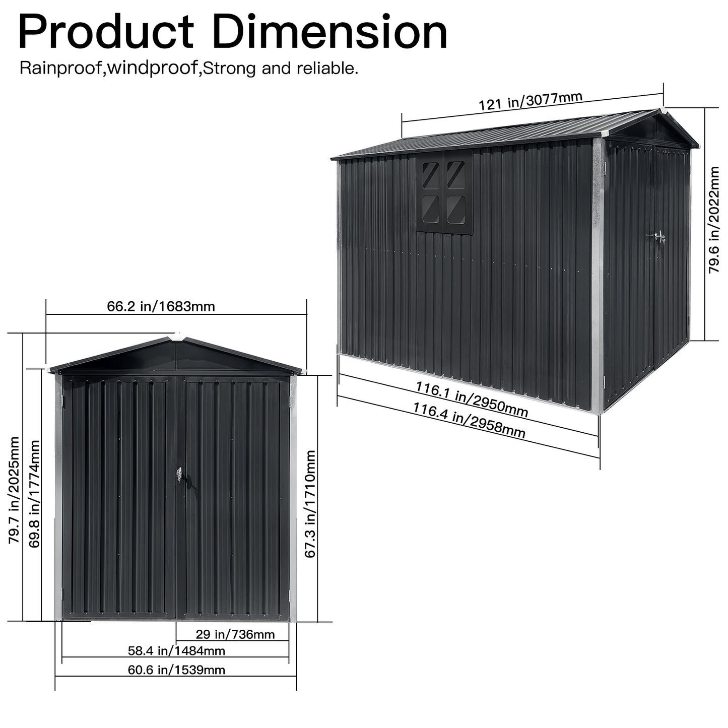 Dark gray metal storage shed dimensions in W x in H x in D