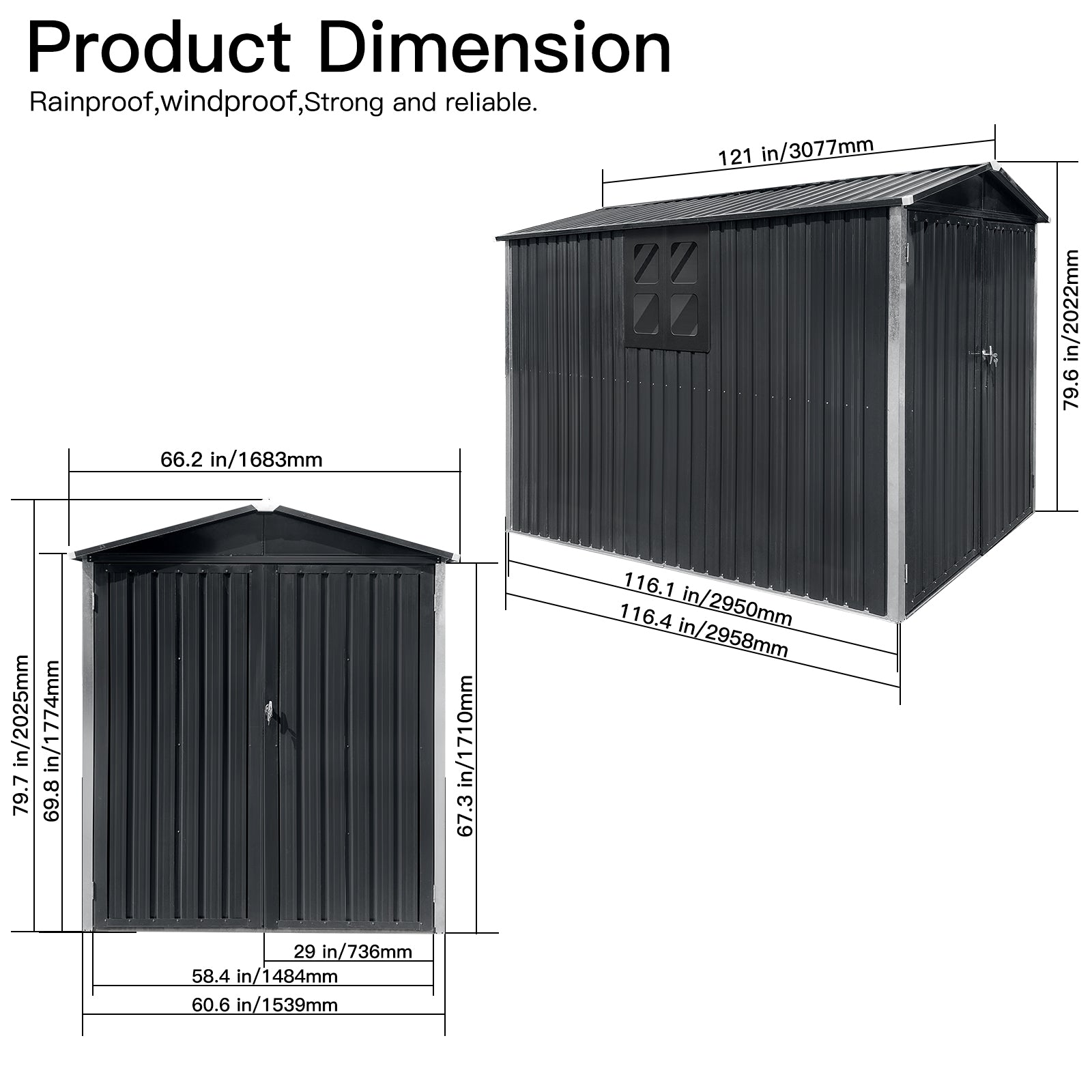 Dark gray metal storage shed dimensions in W x in H x in D