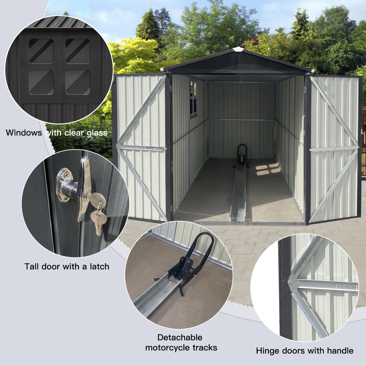Large metal shed with double doors and integrated motorcycle tracks