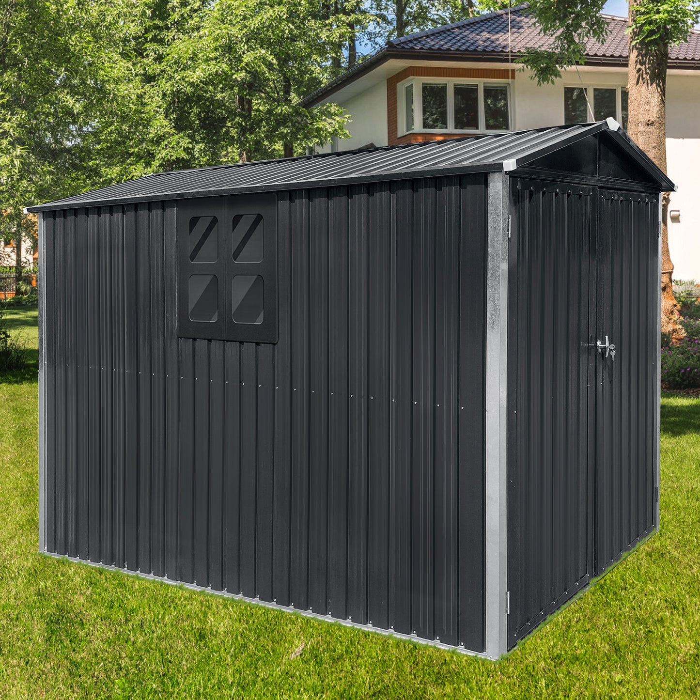 Dark gray metal garden shed with a gable roof and fourpane window