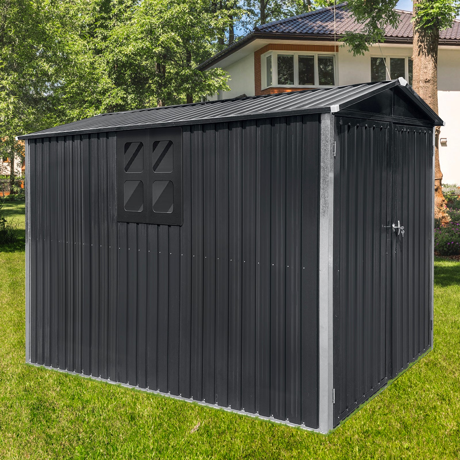 Dark gray metal garden shed with a gable roof and fourpane window