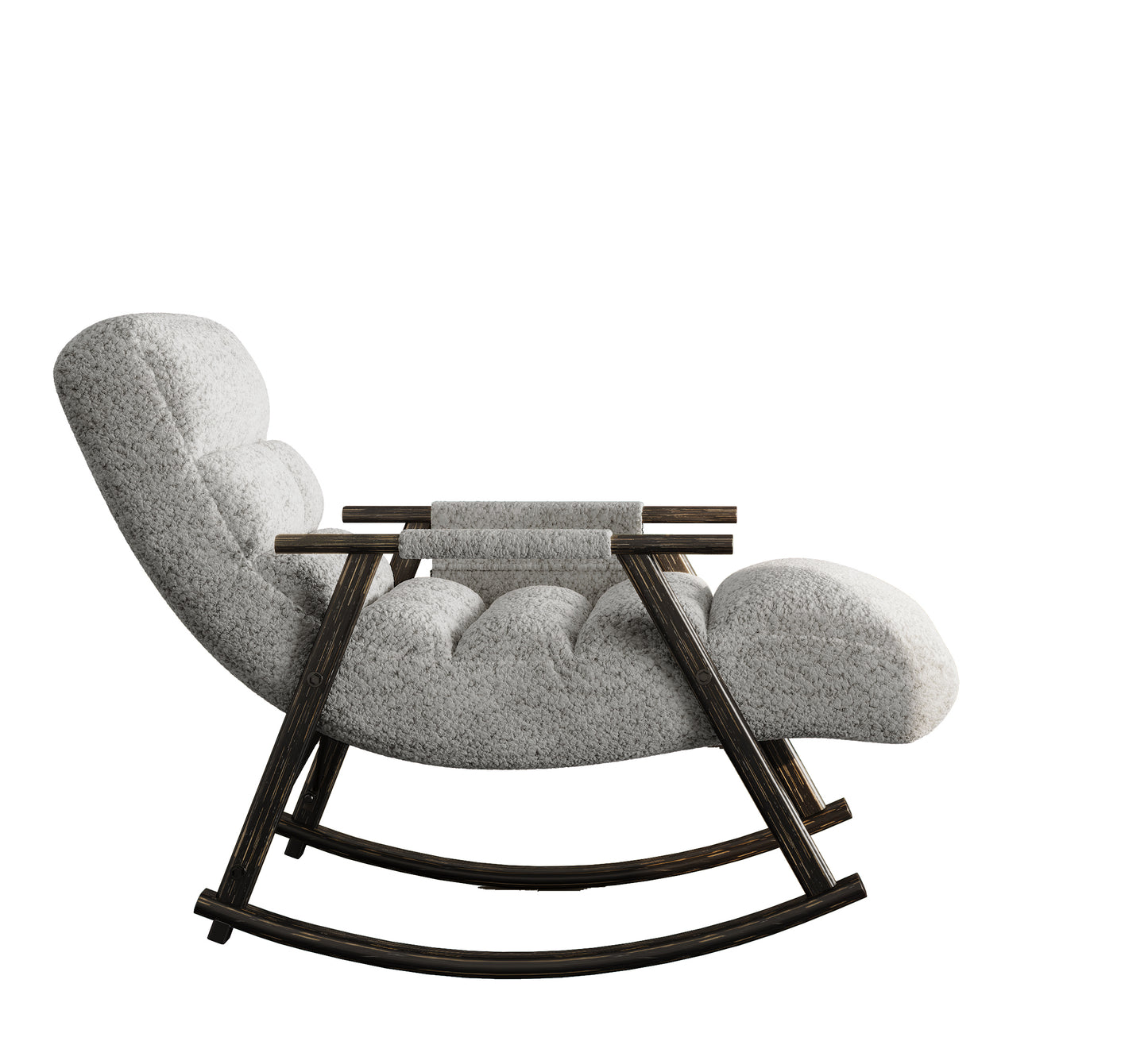 Textured grey fabric rocking chair with dark wood frame perfect for nursery