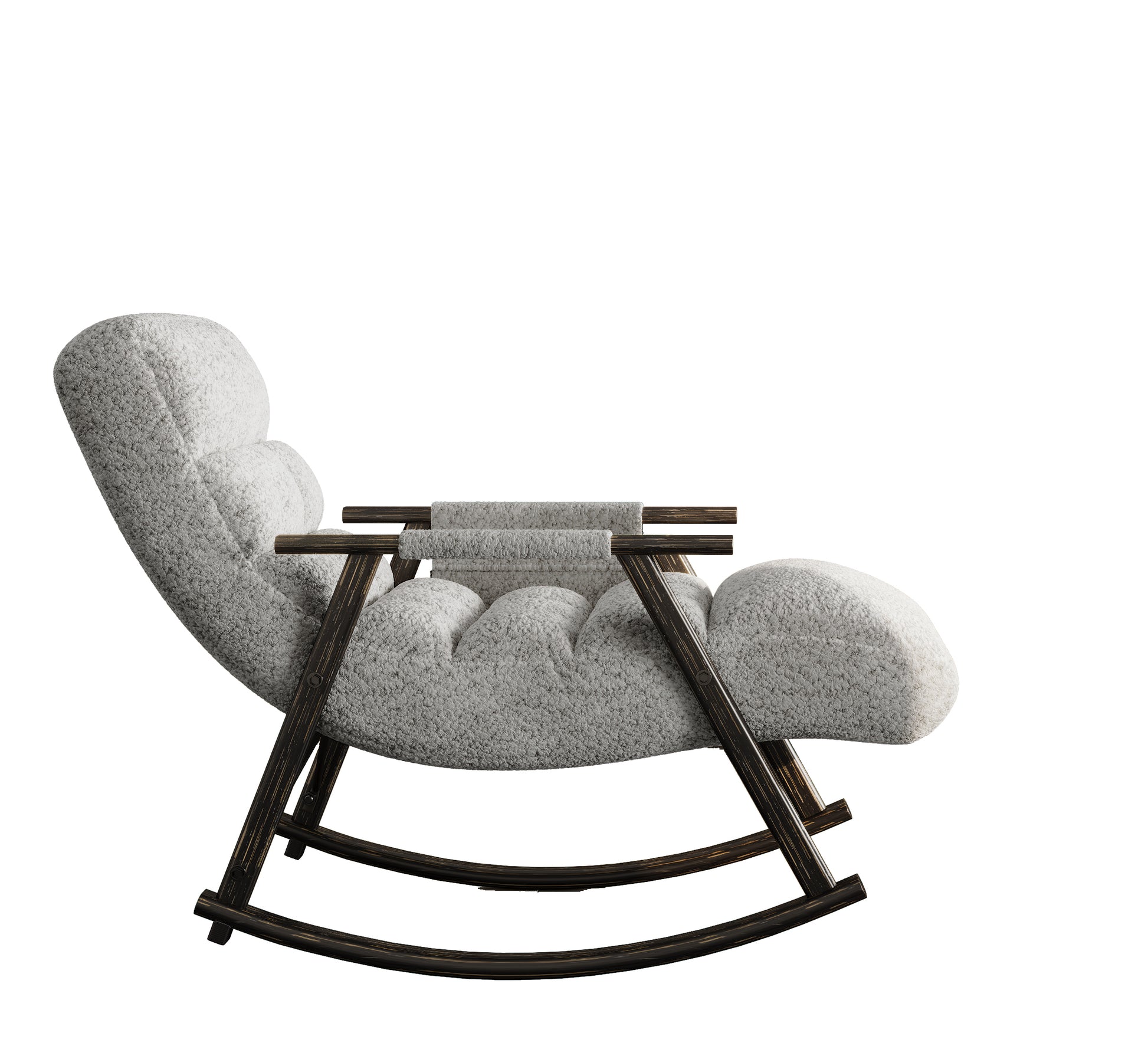 Textured grey fabric rocking chair with dark wood frame perfect for nursery