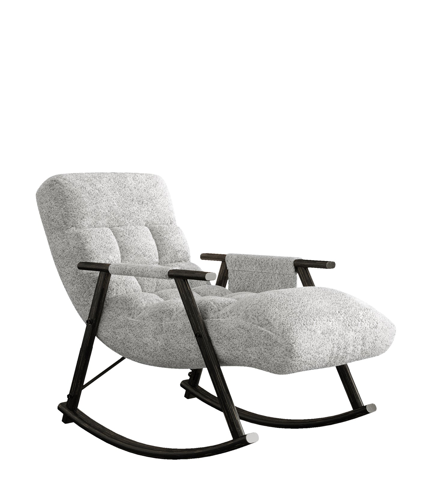 Textured grey fabric rocking chair with dark wood frame tufted seat and plush armrests