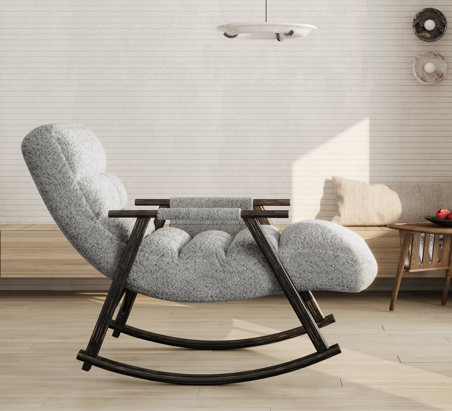 Textured grey fabric rocking chair with dark wood frame and wooden legs