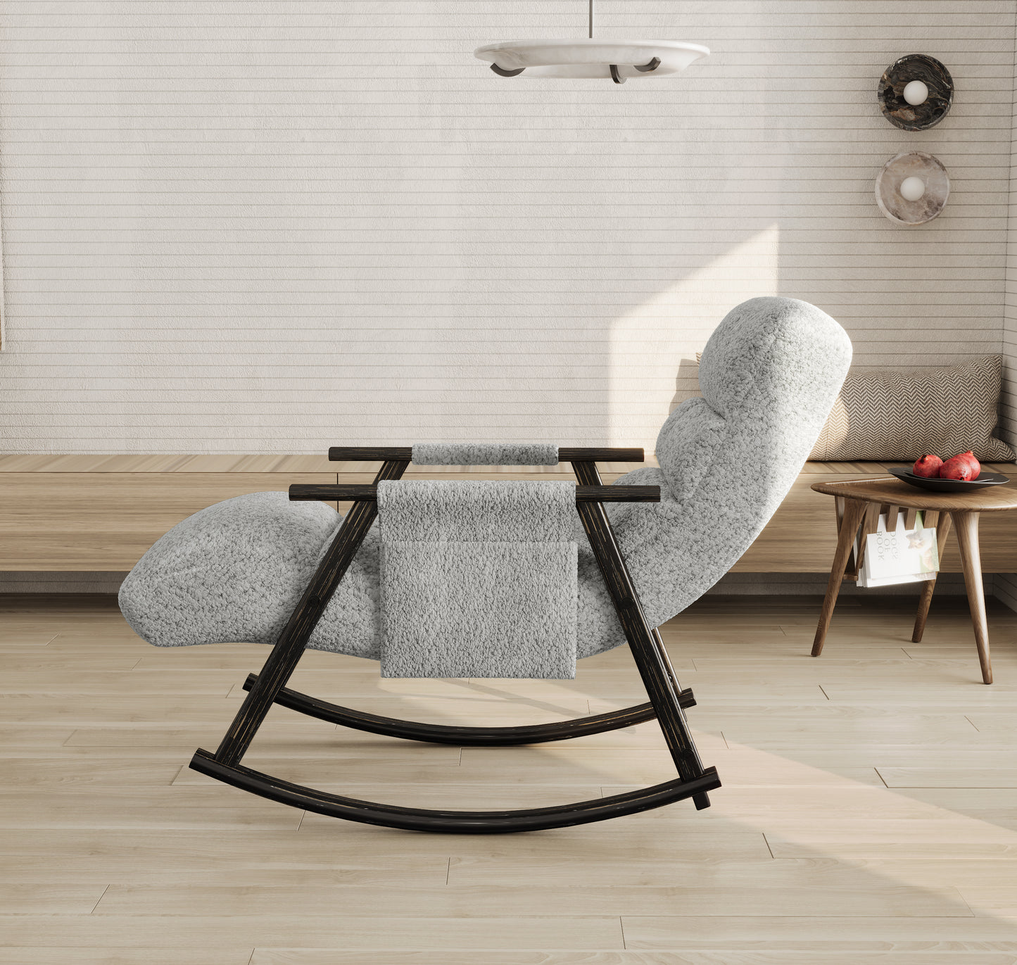Plush grey rocking chair with dark wood frame and boucle fabric perfect for a cozy living room