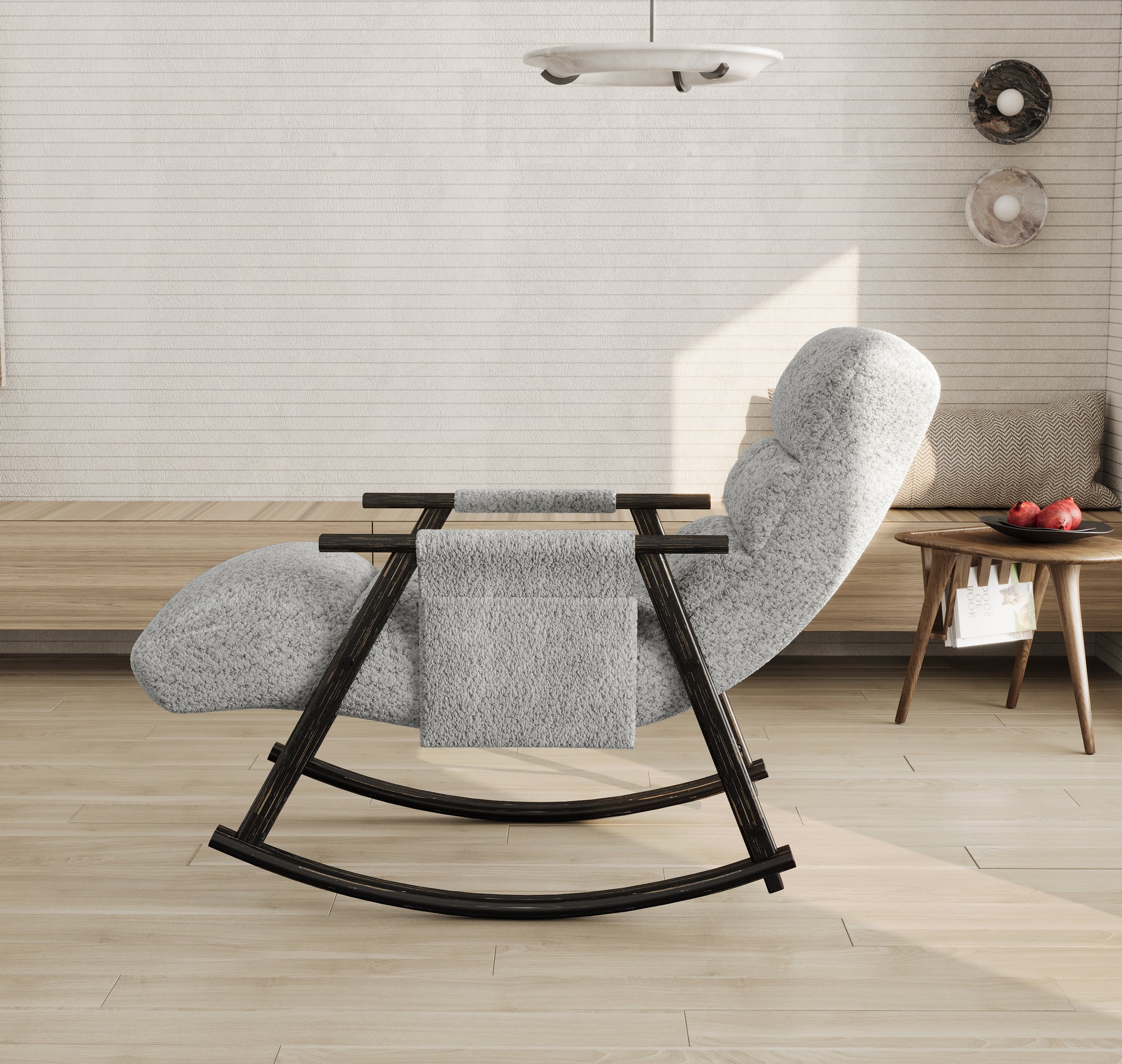 Plush grey rocking chair with dark wood frame and boucle fabric perfect for a cozy living room