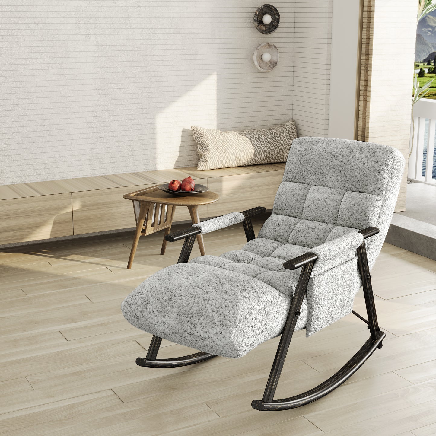 Pebble gray boucle fabric rocking chair with dark wood frame perfect for modern living rooms