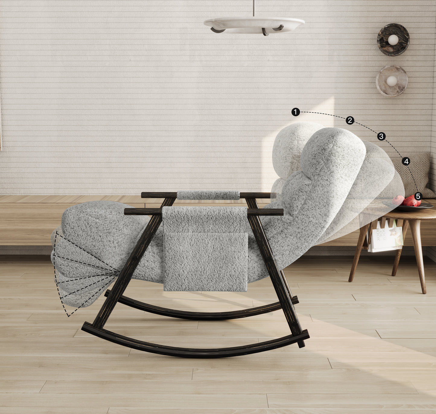 Plush grey rocking chair with adjustable recline positions and dark wood accents