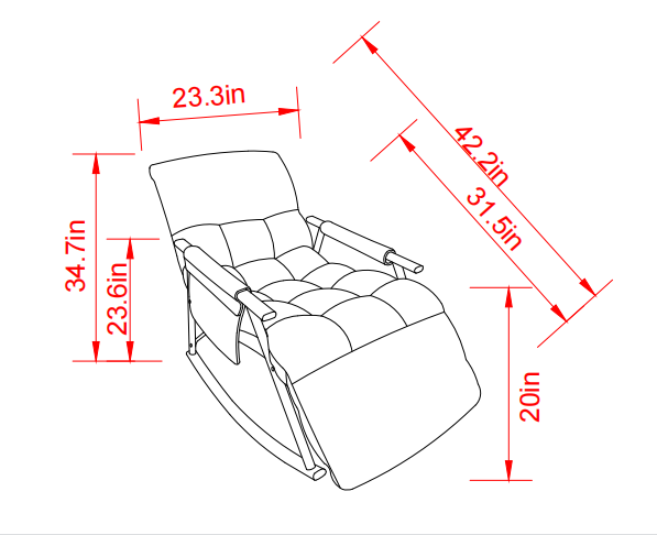 Line drawing of a comfortable recliner chair with dimensions in height in width