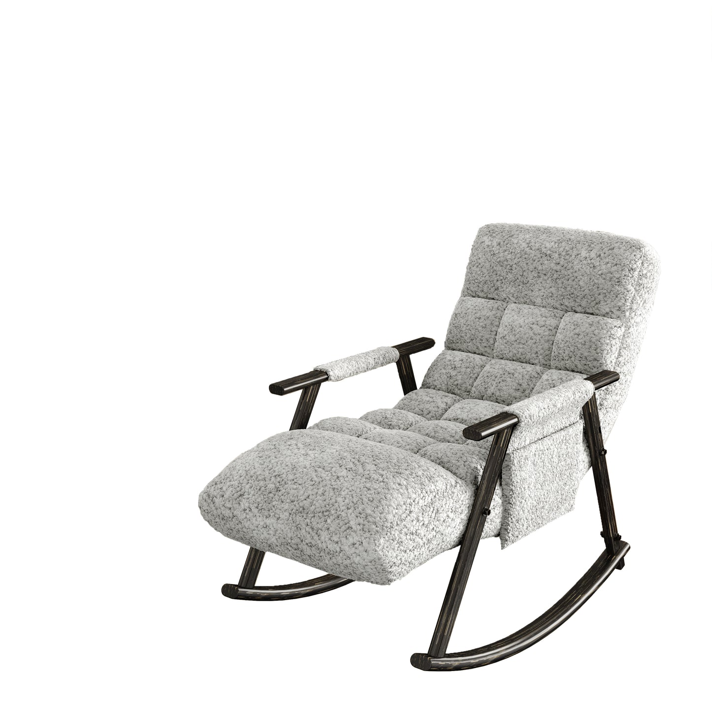 Gray fabric rocking chair with tufted cushions and dark wood accents