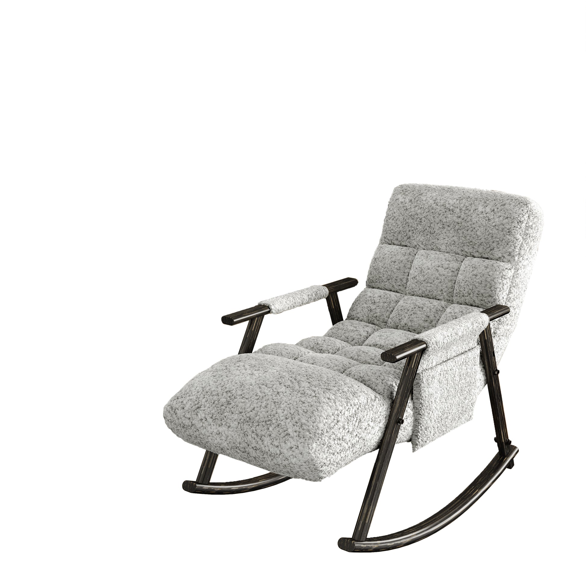 Gray fabric rocking chair with tufted cushions and dark wood accents