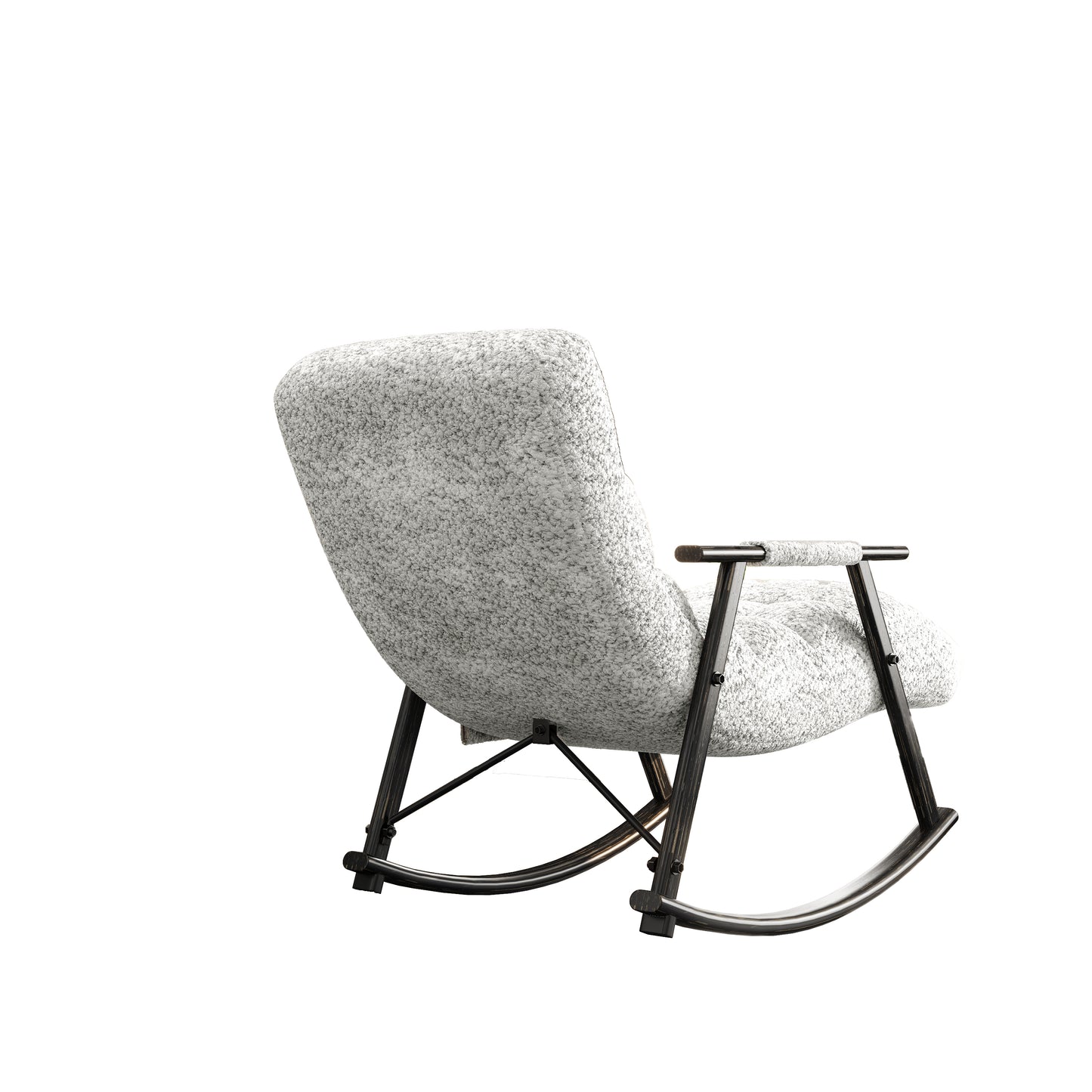 Textured gray rocking chair with dark wood accents and metal frame